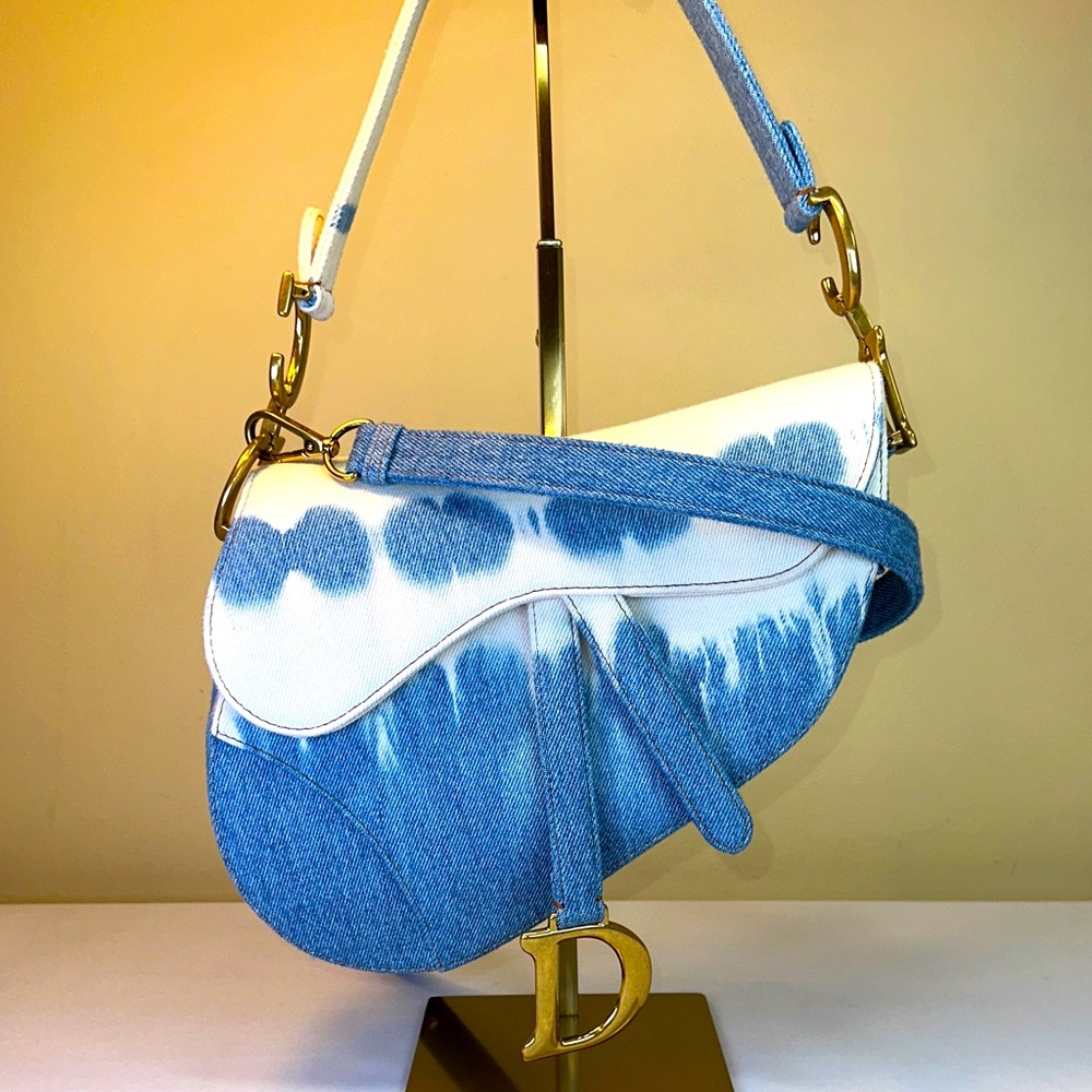 Christian Dior RARE Tye Die Denim Medium Saddle, w/Strap, Dustbag COA 2022 Italy